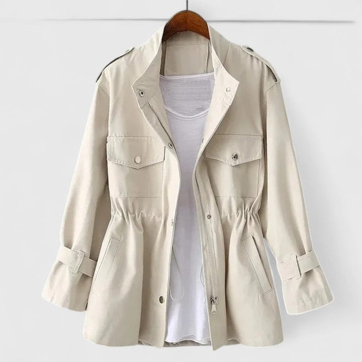 Women's Coat Drawstring-Waist Utility Jacket Long Sleeve - Cream