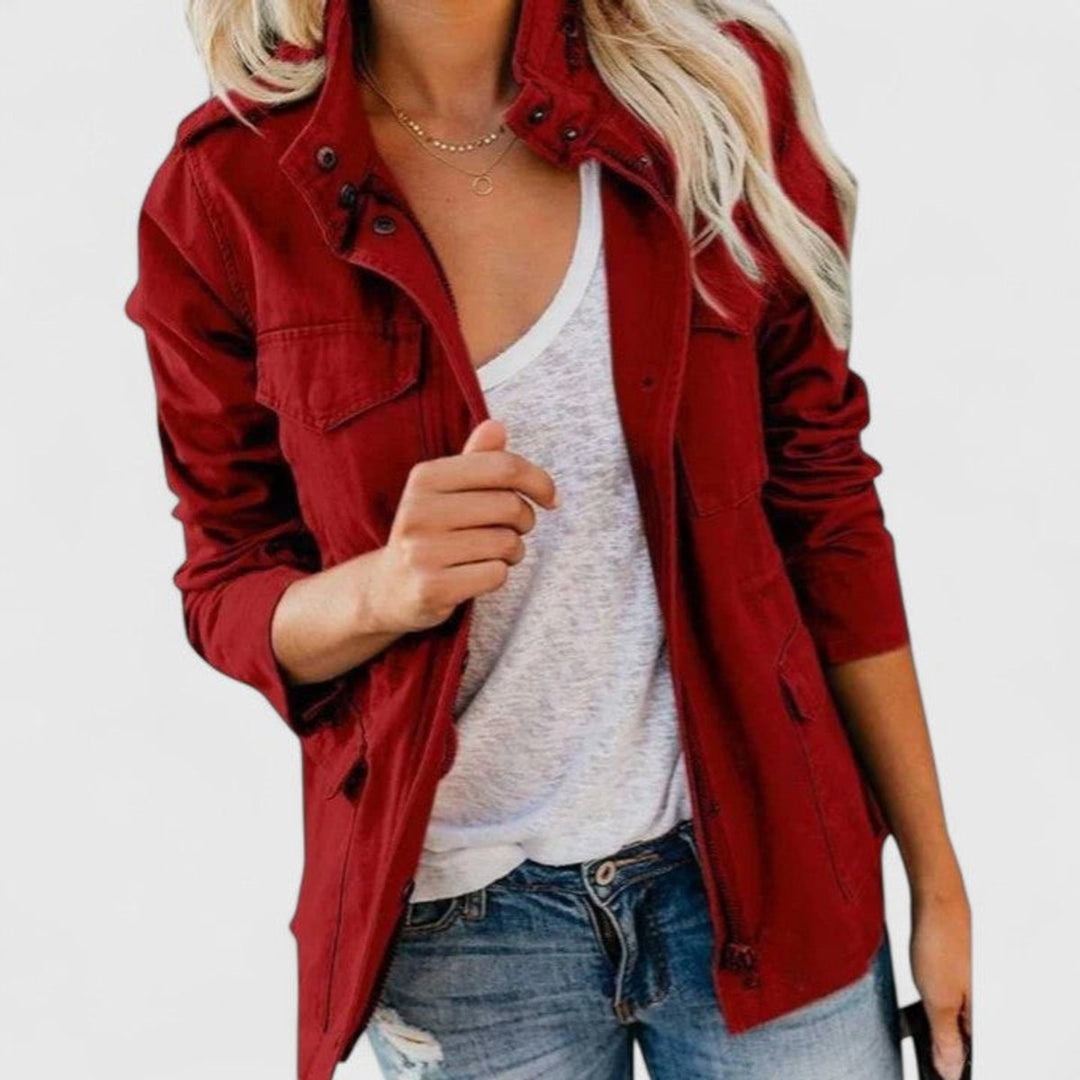 Women's Coat Lightweight Utility Zip-Up Jacket - Red