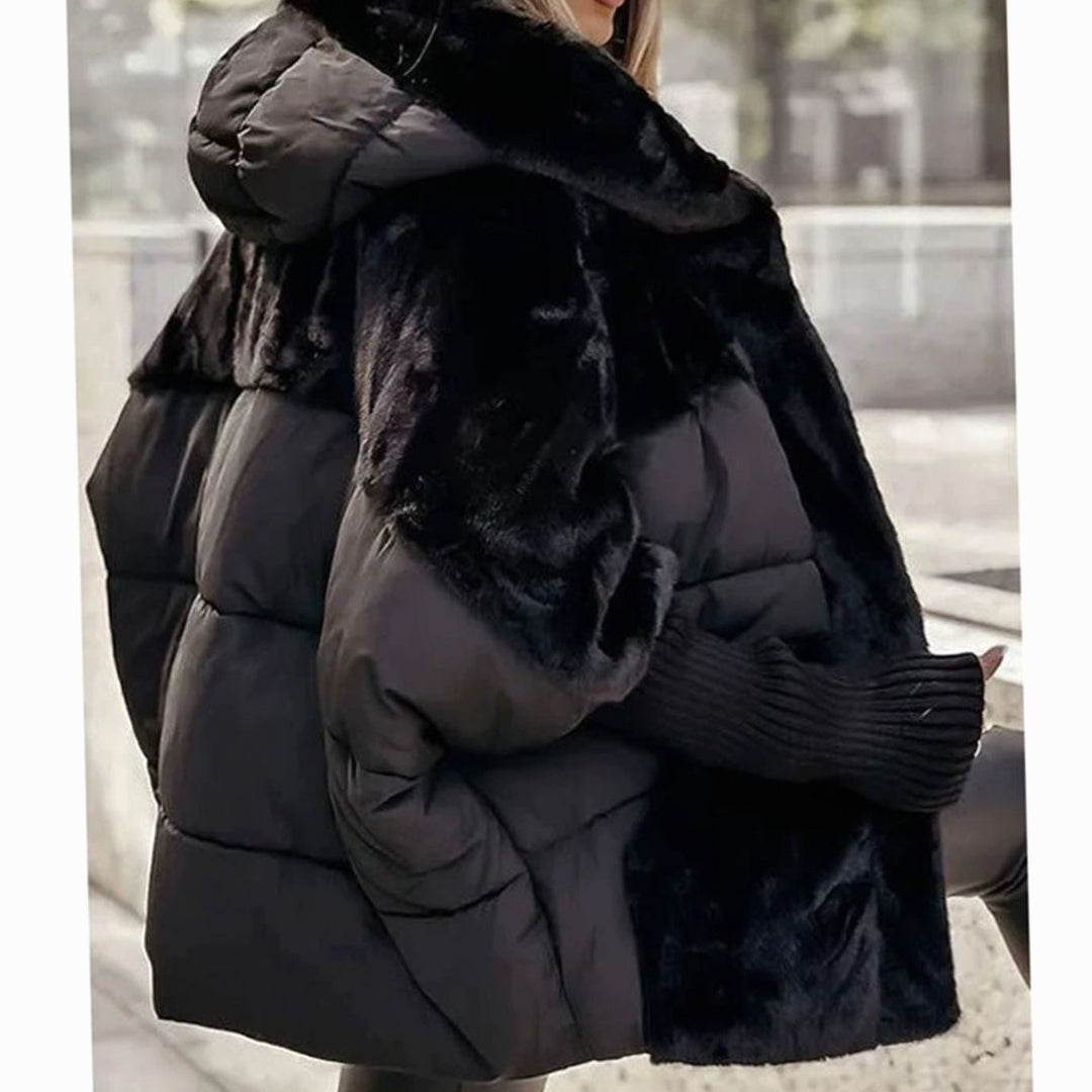 Women's Coat Oversized Faux Fur Puffer Hooded Winter Jacket - Black