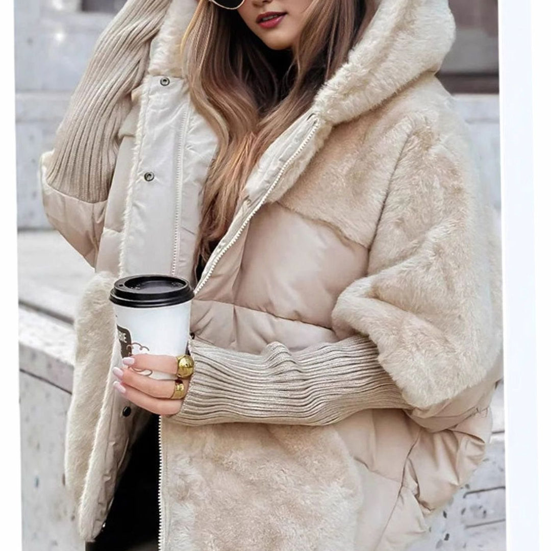 Women's Coat Oversized Faux Fur Puffer Hooded Winter Jacket - Beige