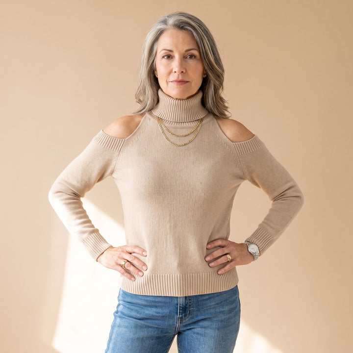 Women's Cold Shoulder Turtleneck Long Sleeve Knit Sweater - Brown