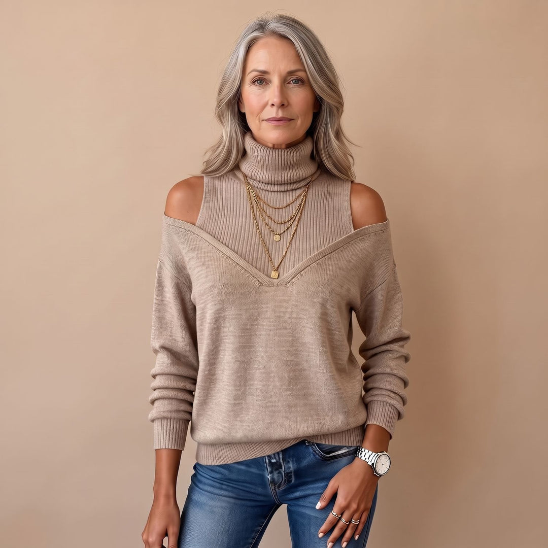 Women's Cold Shoulder Turtleneck Long Sleeve Knit Sweater