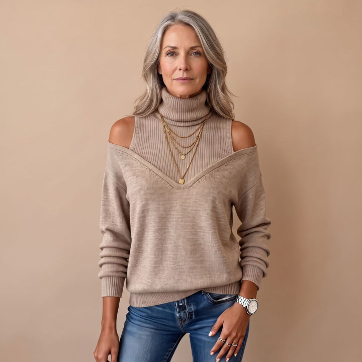 Women's Cold Shoulder Turtleneck Long Sleeve Knit Sweater