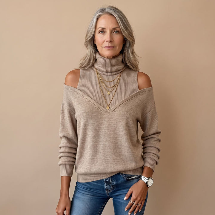 Women's Cold Shoulder Turtleneck Long Sleeve Knit Sweater