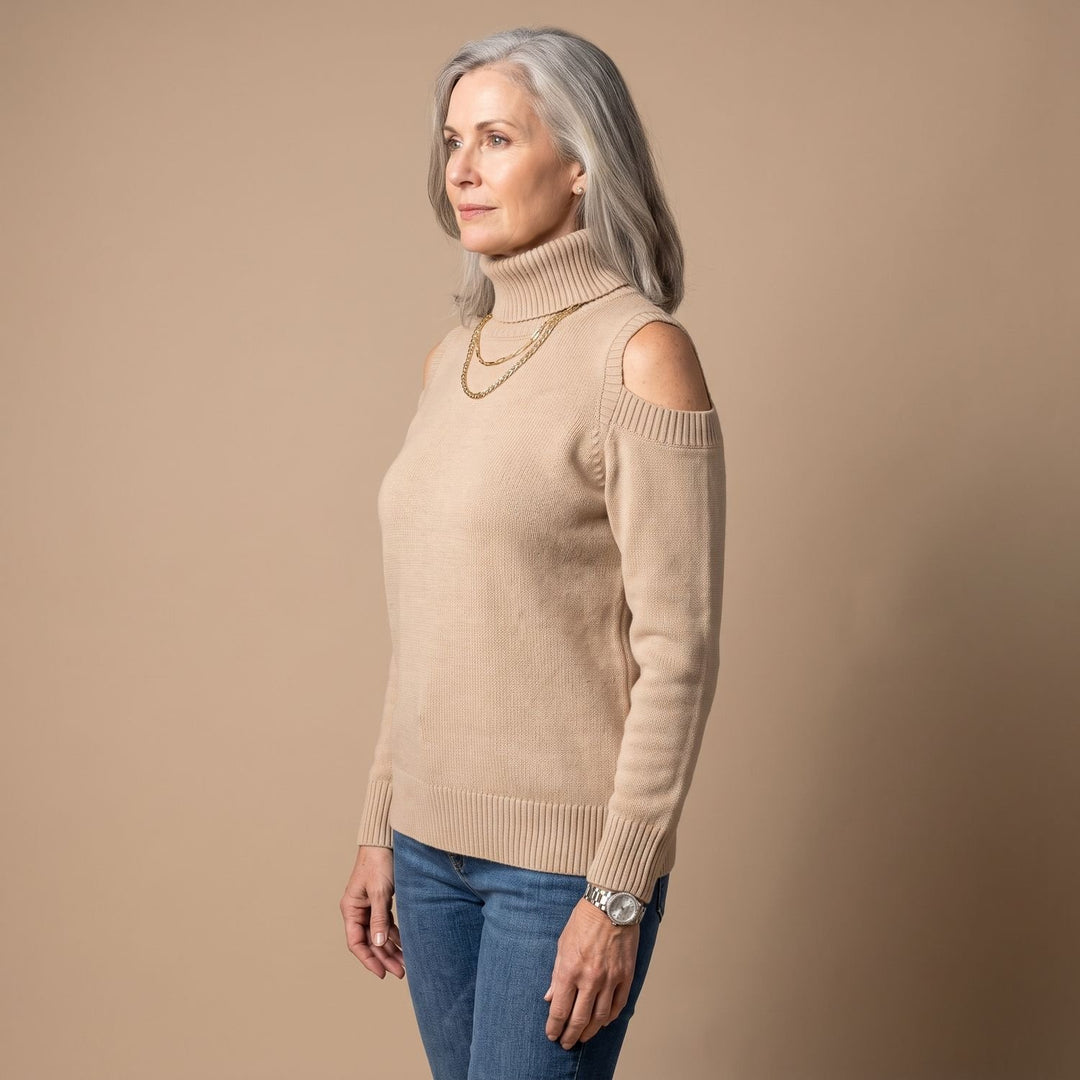 Women's Cold Shoulder Turtleneck Long Sleeve Knit Sweater