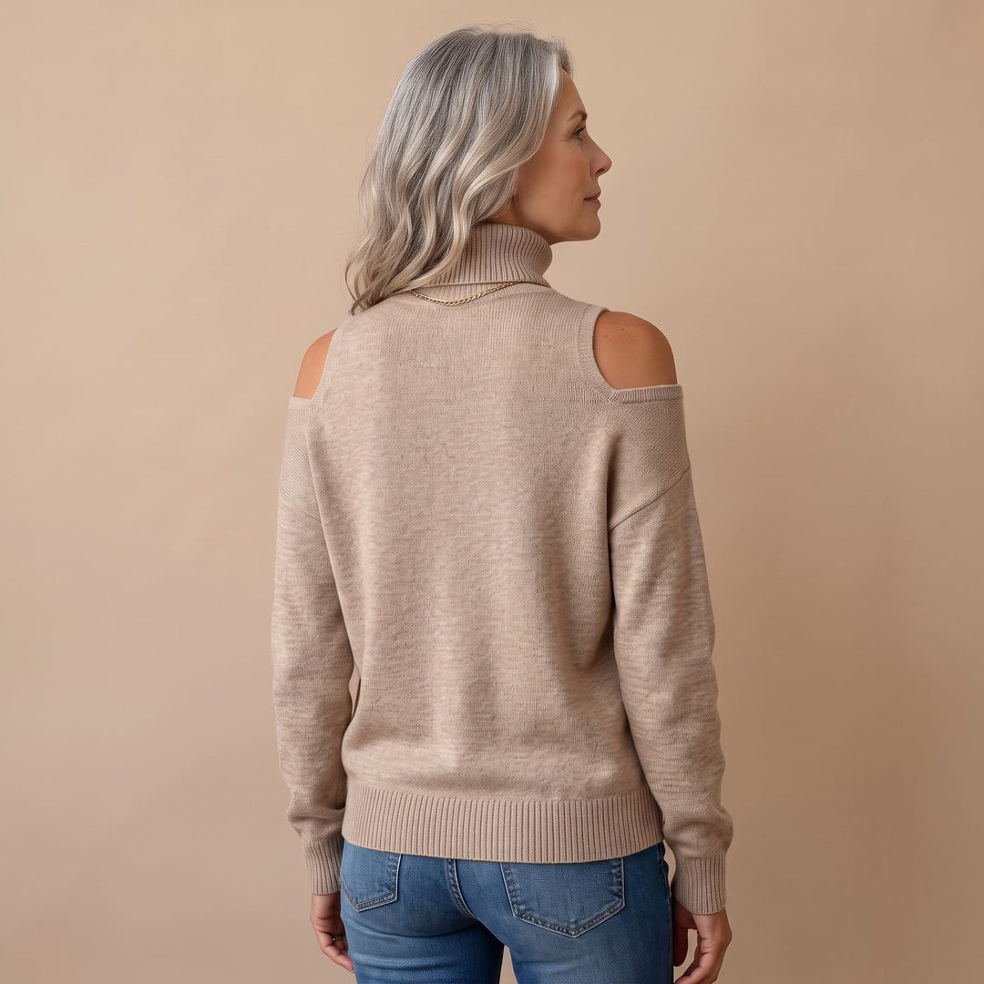 Women's Cold Shoulder Turtleneck Long Sleeve Knit Sweater