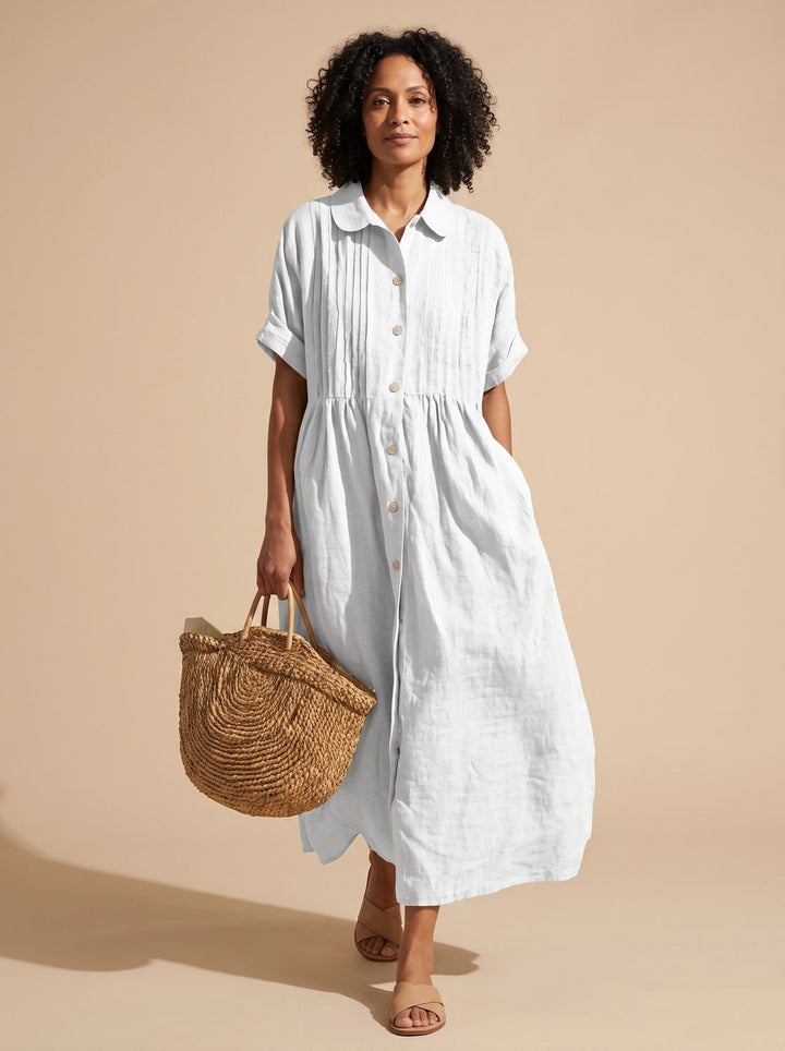 Women's Collared Button-Front Short-Sleeve Midi Shirt Dress - White