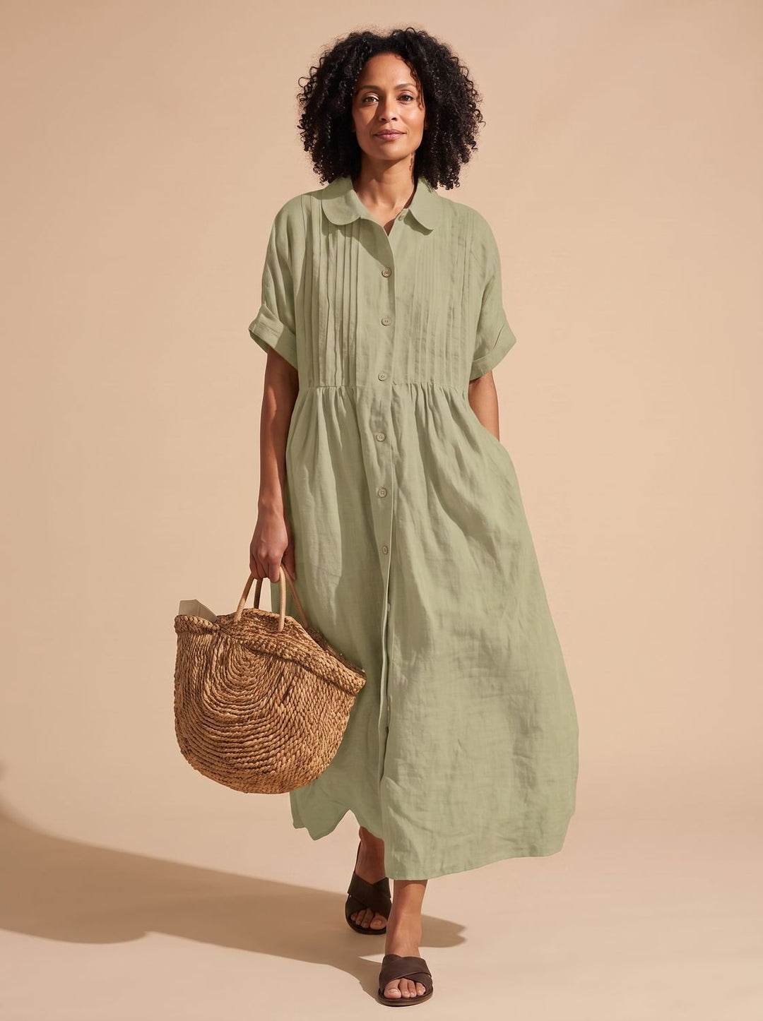 Women's Collared Button-Front Short-Sleeve Midi Shirt Dress - Sage Green