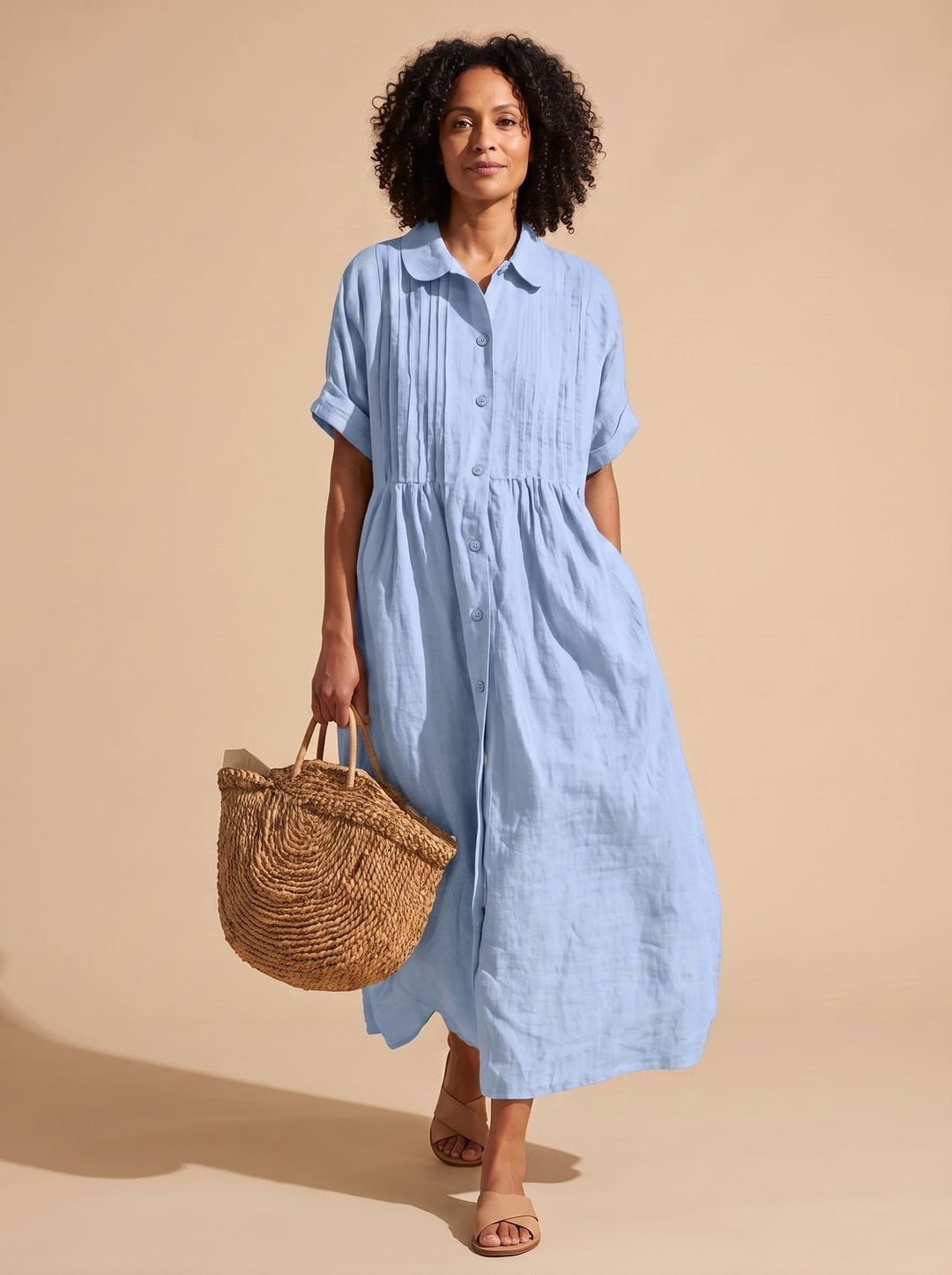 Women's Collared Button-Front Short-Sleeve Midi Shirt Dress - Light Blue