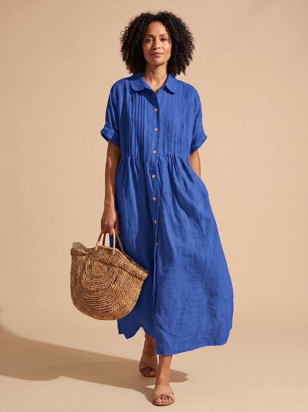 Women's Collared Button-Front Short-Sleeve Midi Shirt Dress - Blue