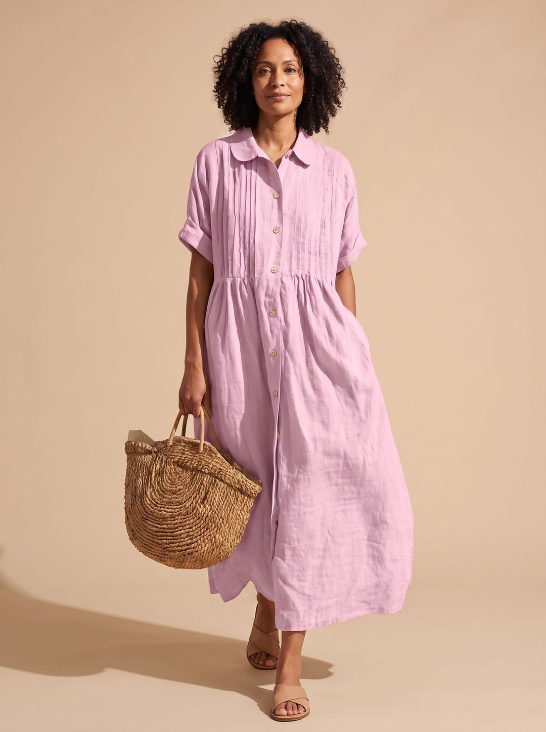 Women's Collared Button-Front Short-Sleeve Midi Shirt Dress - Pink