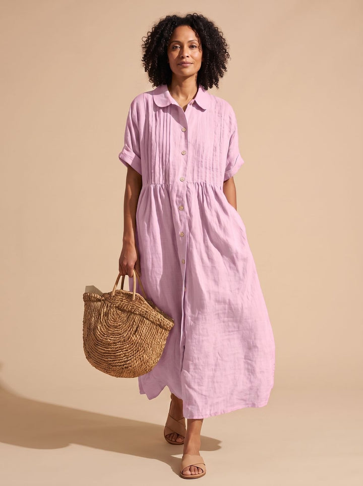 Women's Collared Button-Front Short-Sleeve Midi Shirt Dress - Pink