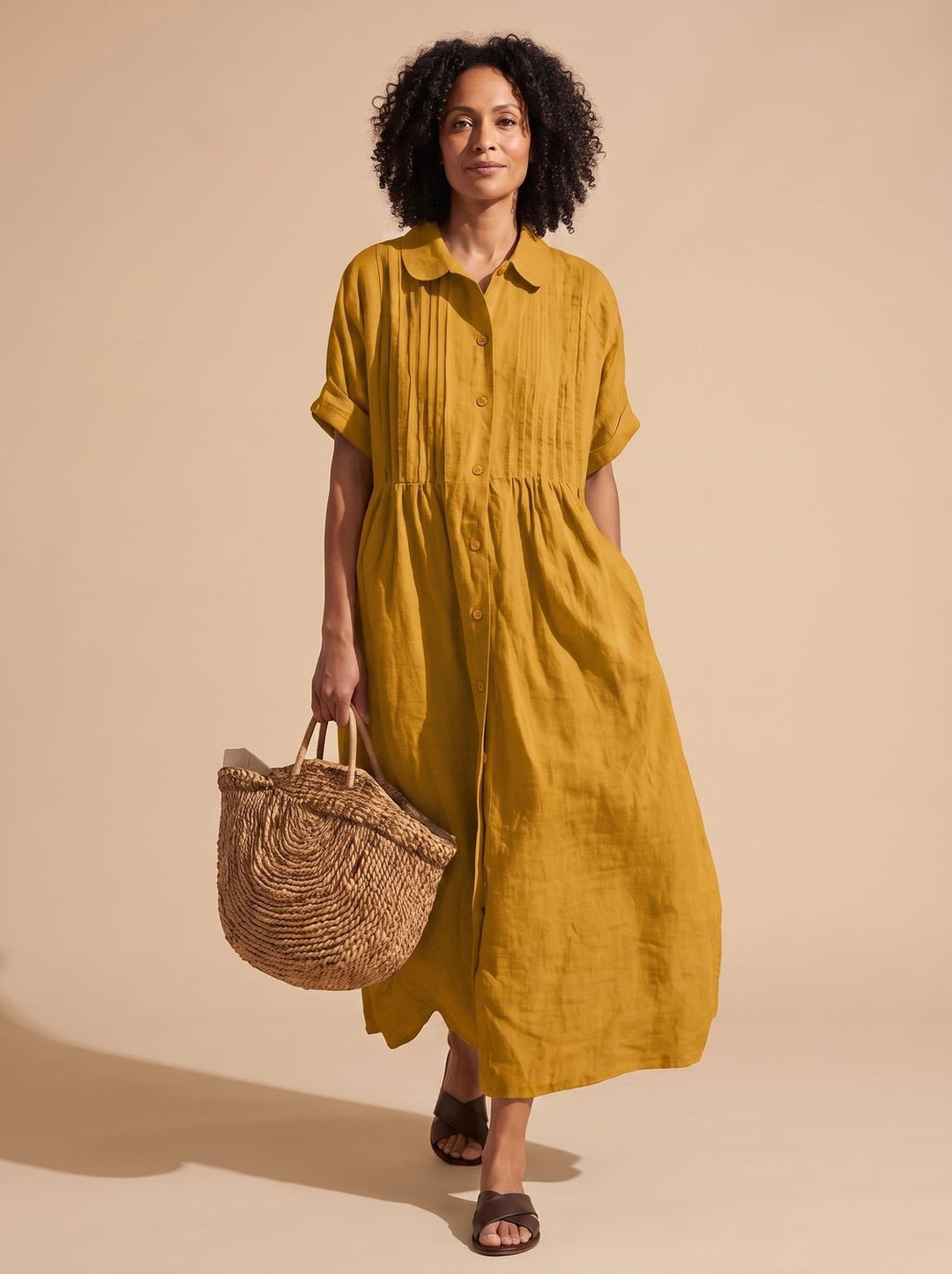 Women's Collared Button-Front Short-Sleeve Midi Shirt Dress - Orange