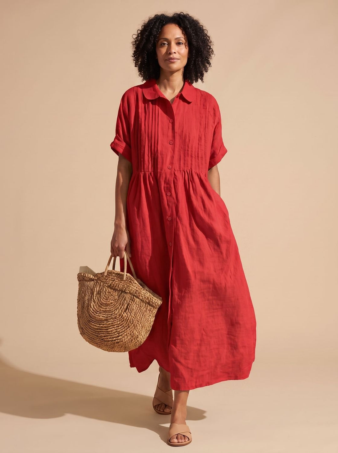 Women's Collared Button-Front Short-Sleeve Midi Shirt Dress - Red