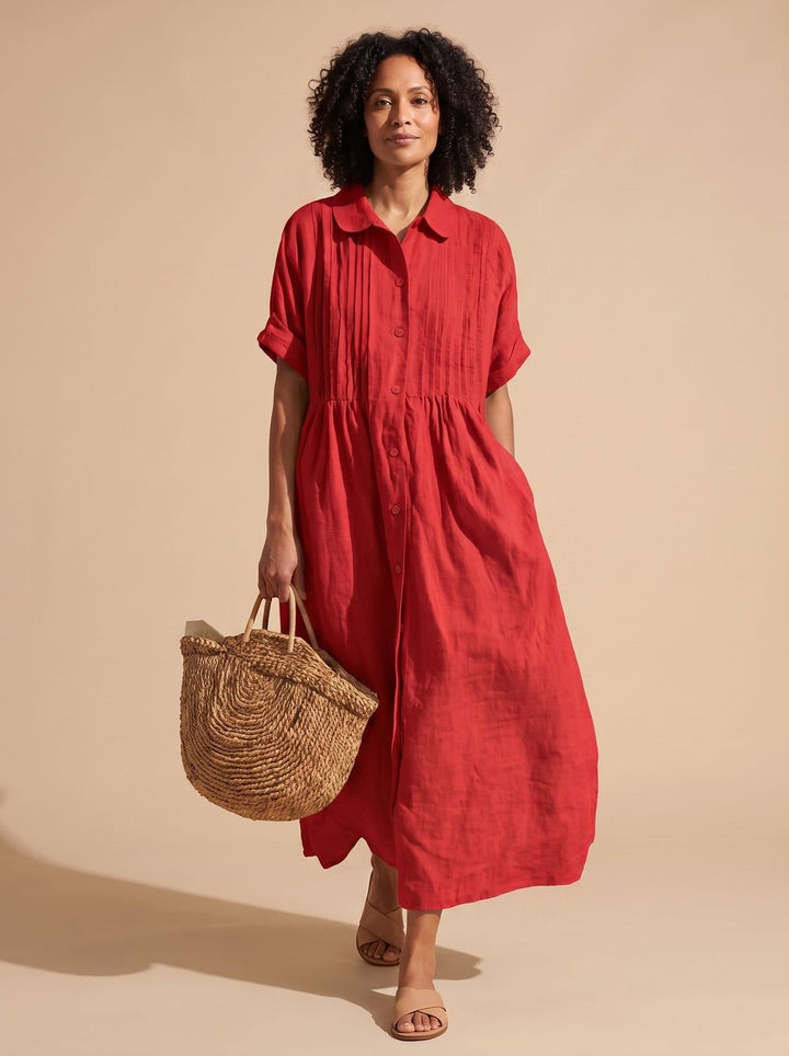 Women's Collared Button-Front Short-Sleeve Midi Shirt Dress - Red