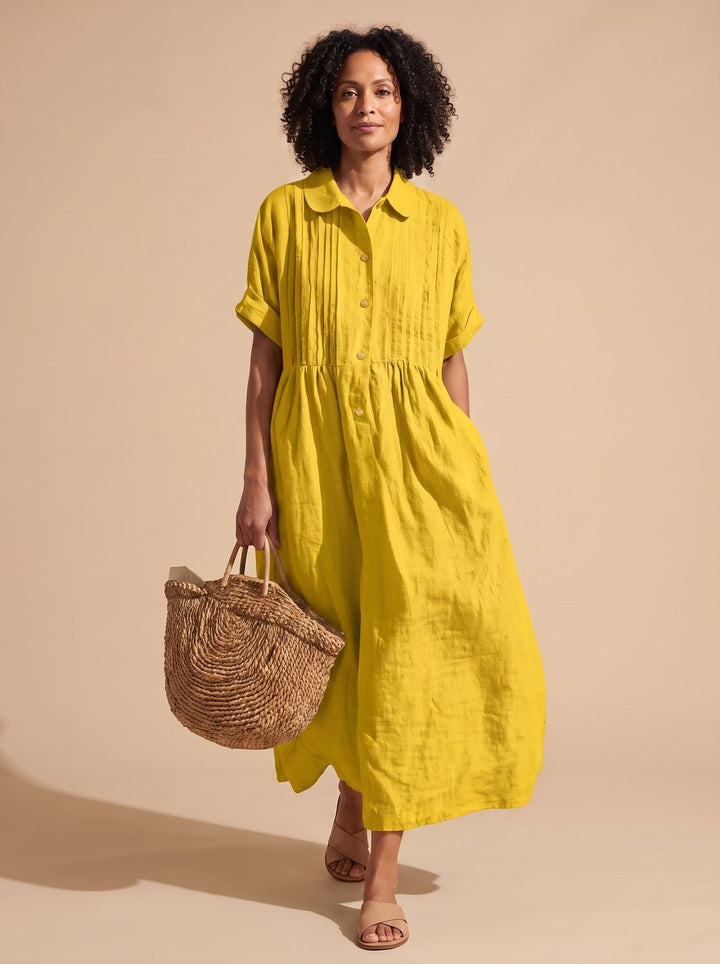 Women's Collared Button-Front Short-Sleeve Midi Shirt Dress - Yellow