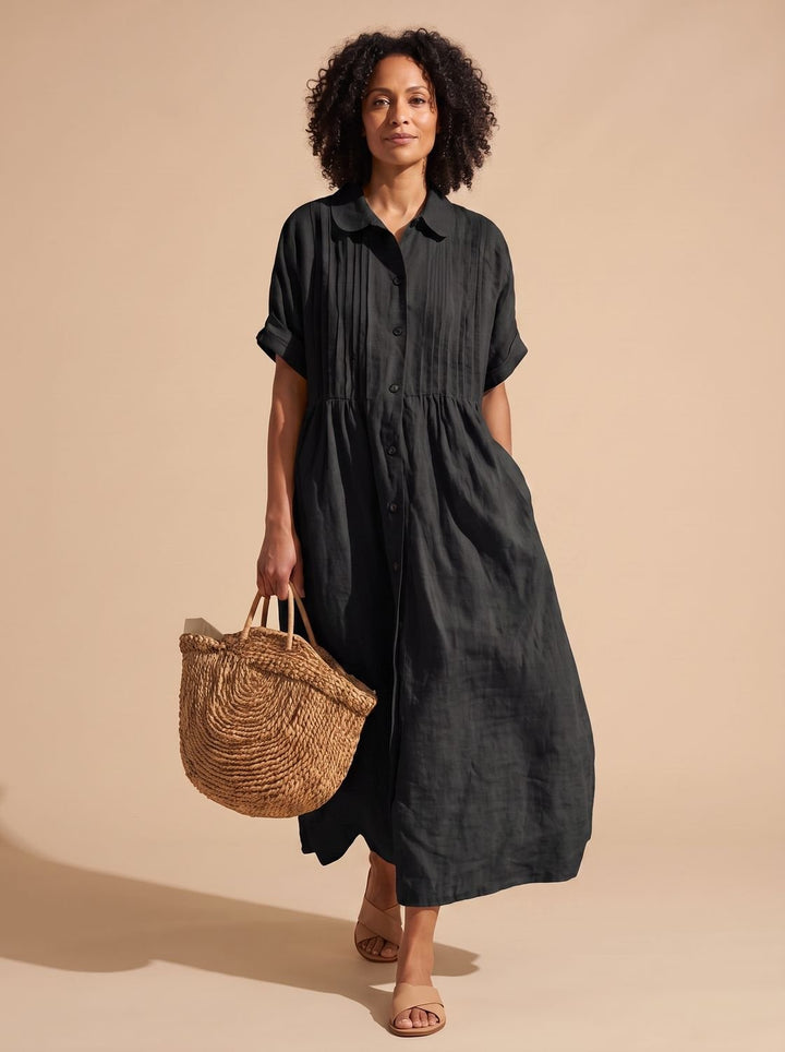 Women's Collared Button-Front Short-Sleeve Midi Shirt Dress - Black