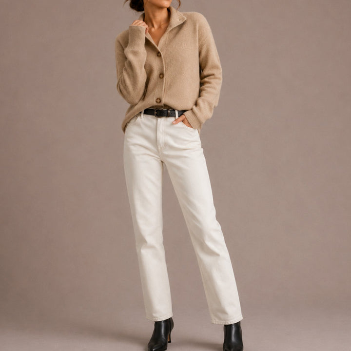 Women's Collared Knit Cardigan Relaxed-Fit Button-Up Sweater - Beige