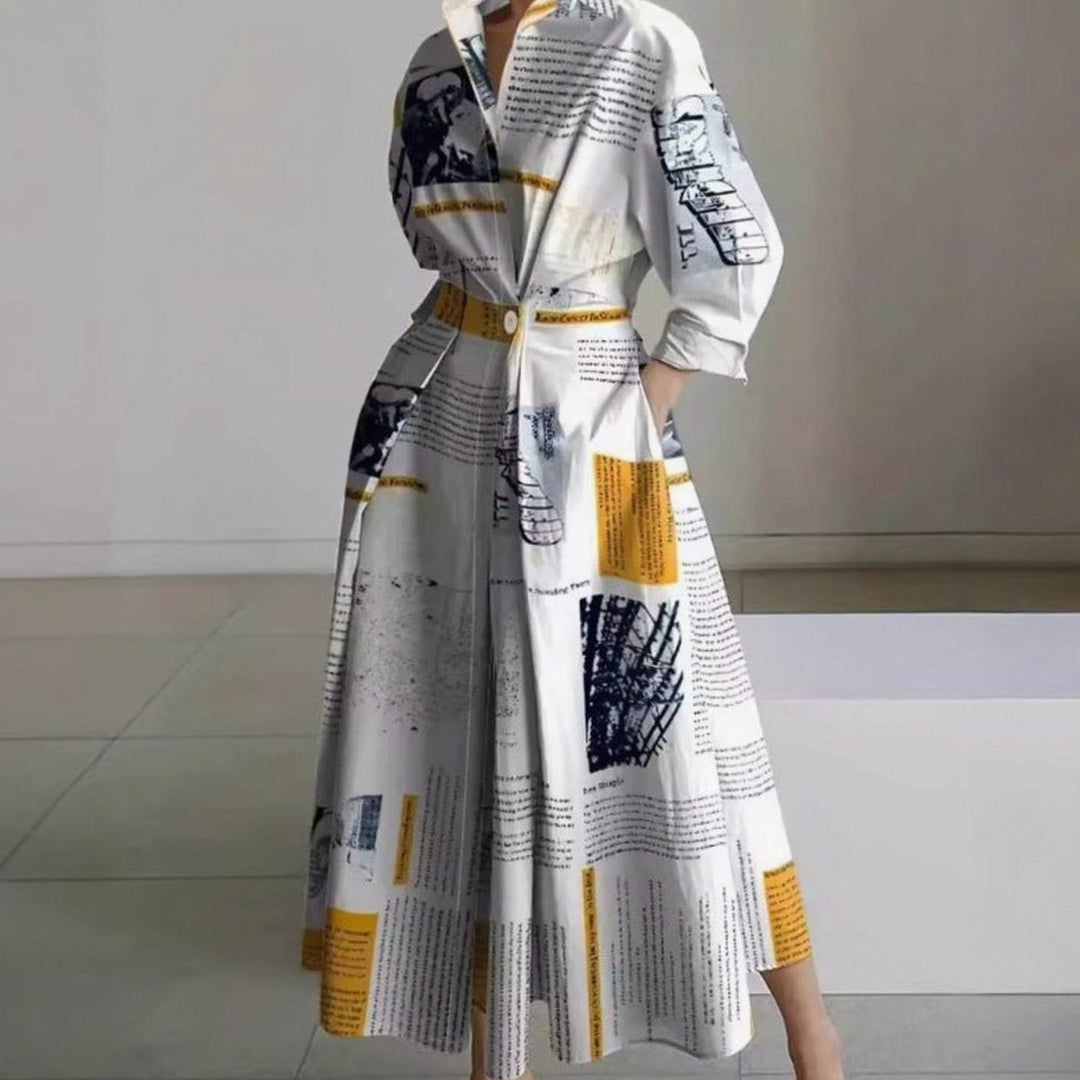 Women's Collared Maxi Shirt Dress Front Wrap Newspaper Print