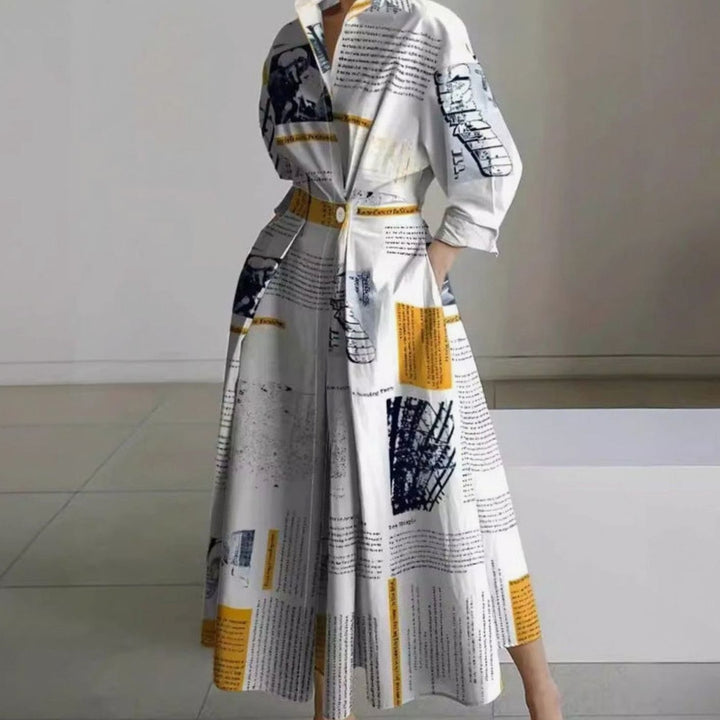 Women's Collared Maxi Shirt Dress Front Wrap Newspaper Print