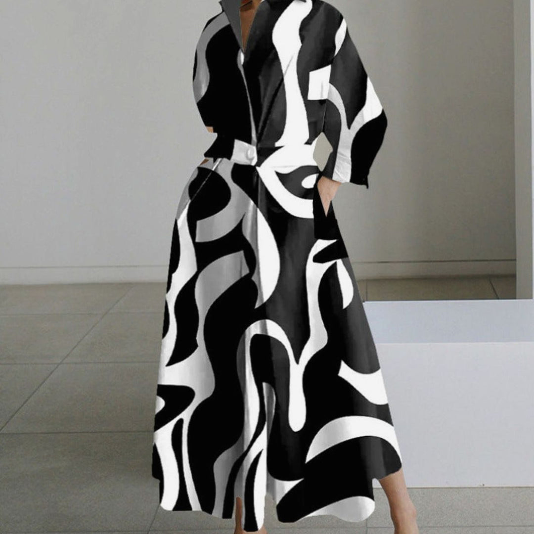 Women's Collared Maxi Shirt Dress Front Wrap Newspaper Print - Black Stripe