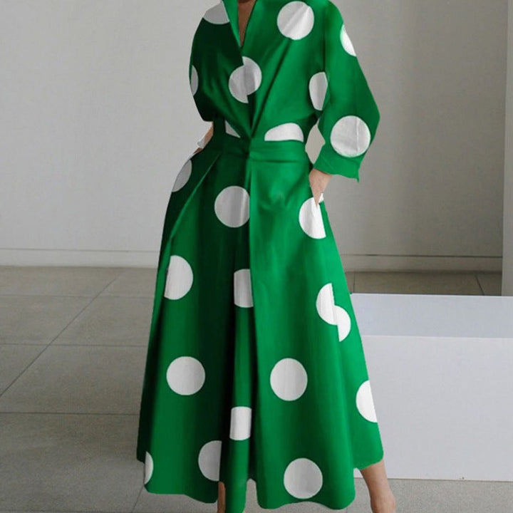 Women's Collared Maxi Shirt Dress Front Wrap Newspaper Print - Green Polka Dot