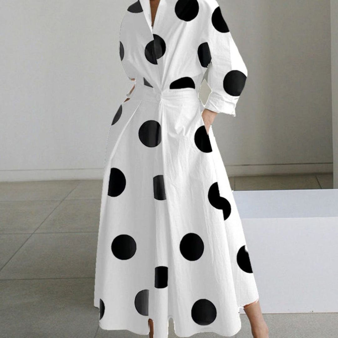 Women's Collared Maxi Shirt Dress Front Wrap Newspaper Print - White Polka Dot