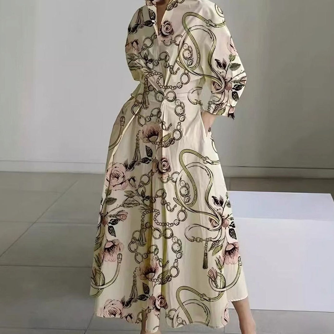 Women's Collared Maxi Shirt Dress Front Wrap Newspaper Print - Gold Chain Print