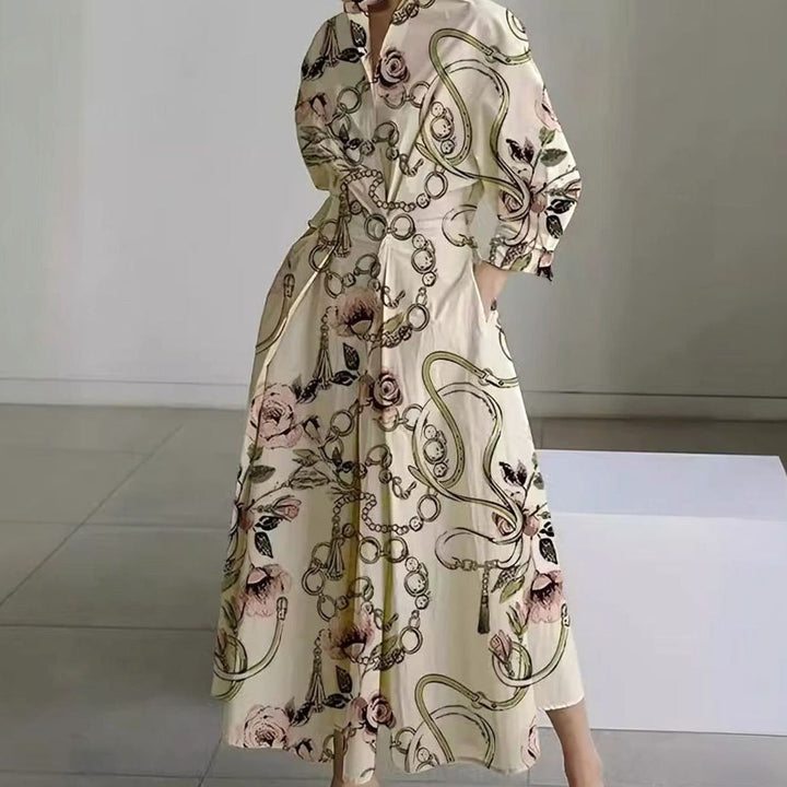 Women's Collared Maxi Shirt Dress Front Wrap Newspaper Print - Gold Chain Print