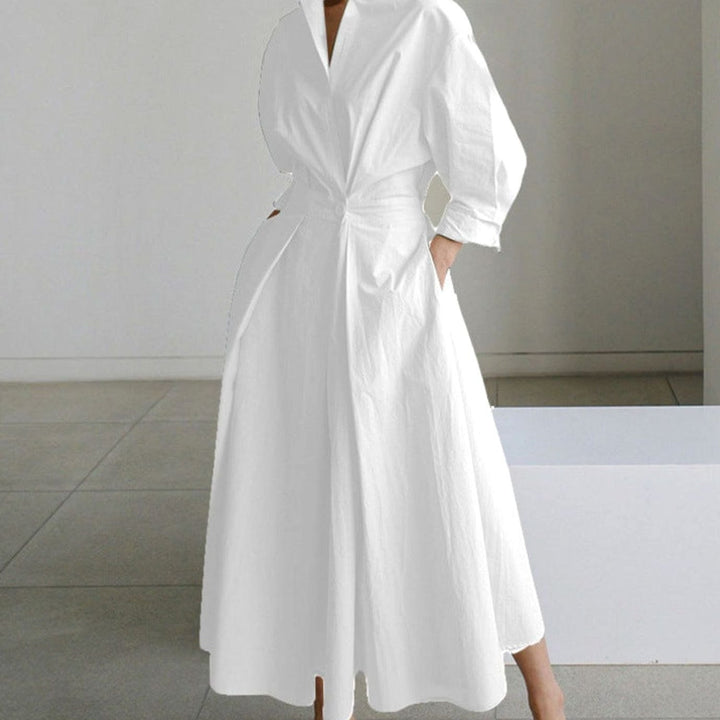 Women's Collared Maxi Shirt Dress Front Wrap Newspaper Print - White