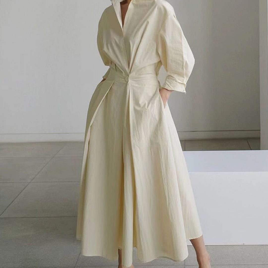 Women's Collared Maxi Shirt Dress Front Wrap Newspaper Print - Apricot