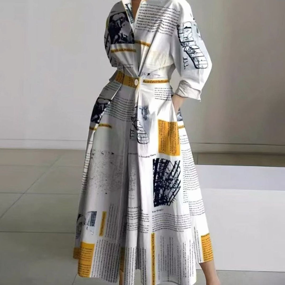 Women's Collared Maxi Shirt Dress Front Wrap Newspaper Print - Yellow Newspaper Print