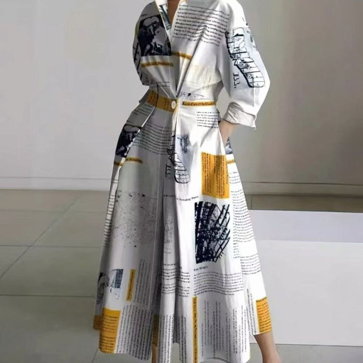 Women's Collared Maxi Shirt Dress Front Wrap Newspaper Print - Yellow Newspaper Print