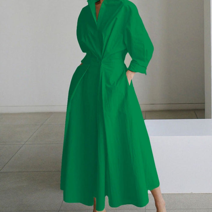 Women's Collared Maxi Shirt Dress Front Wrap Newspaper Print - Green