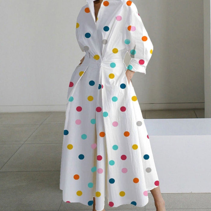 Women's Collared Maxi Shirt Dress Front Wrap Newspaper Print - Rainbow Polka Dot