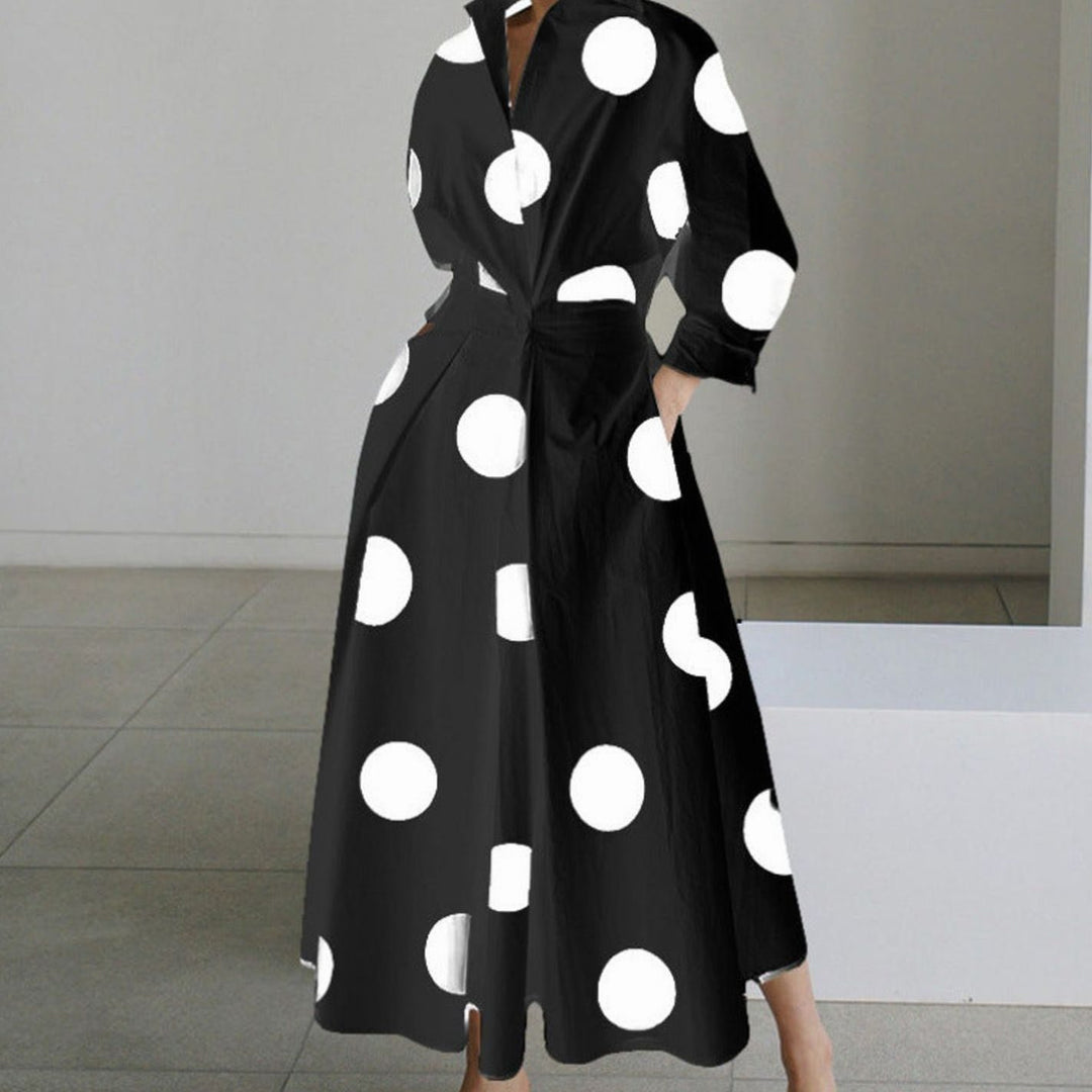 Women's Collared Maxi Shirt Dress Front Wrap Newspaper Print - Black Polka Dot