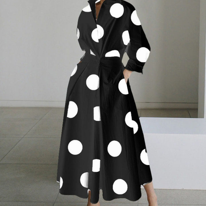 Women's Collared Maxi Shirt Dress Front Wrap Newspaper Print - Black Polka Dot