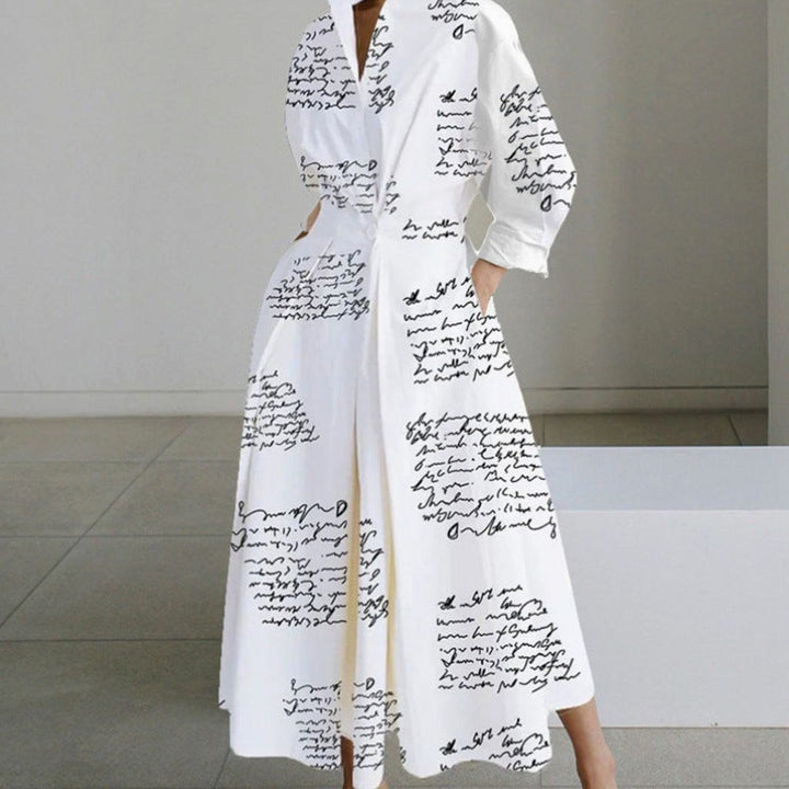 Women's Collared Maxi Shirt Dress Front Wrap Newspaper Print - White Letter Print