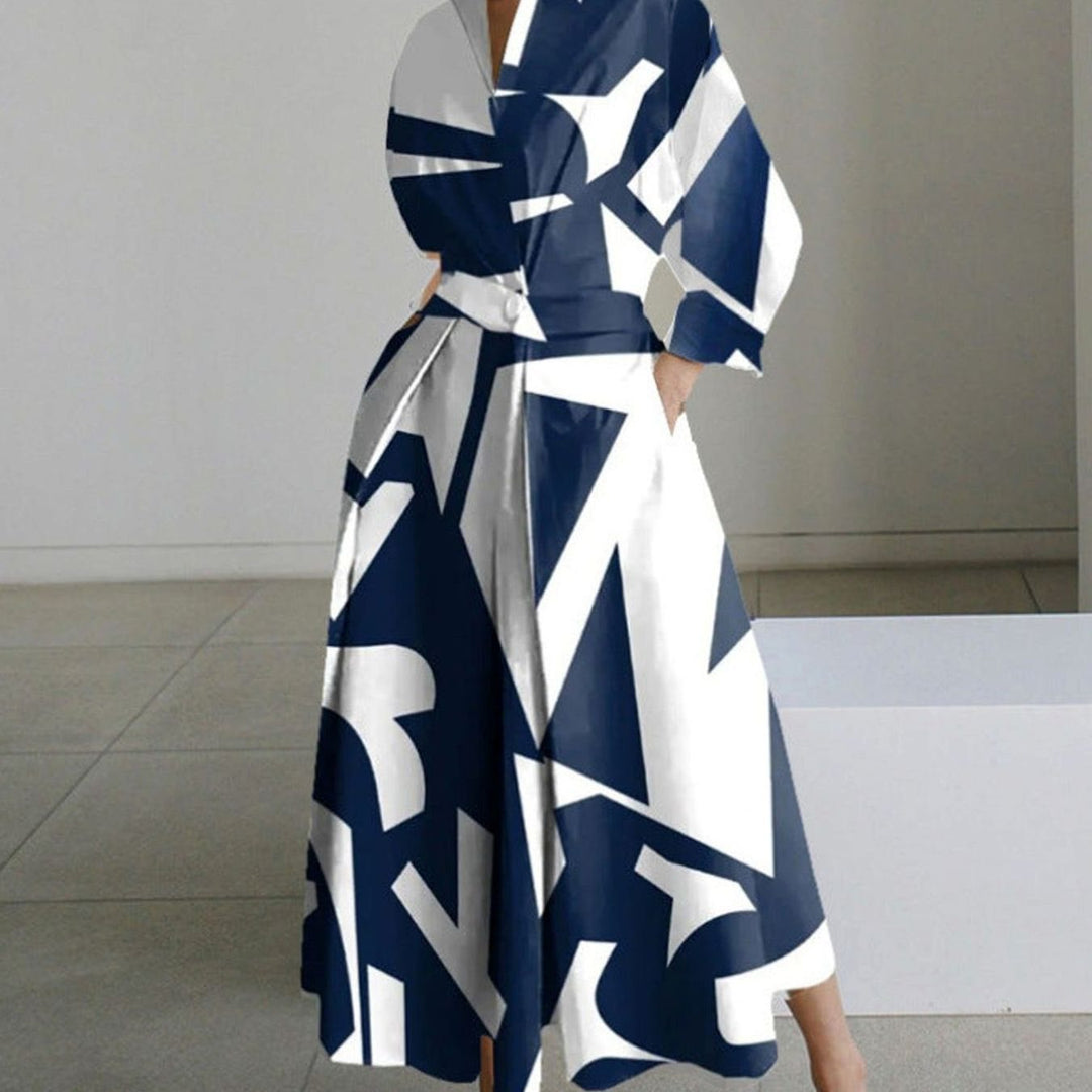 Women's Collared Maxi Shirt Dress Front Wrap Newspaper Print - Blue Stripe