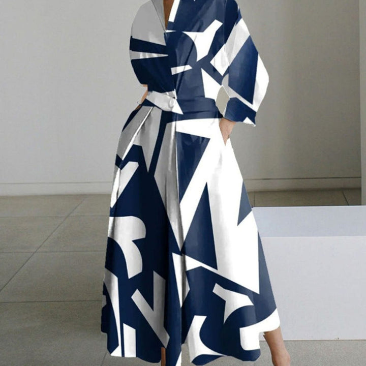 Women's Collared Maxi Shirt Dress Front Wrap Newspaper Print - Blue Stripe
