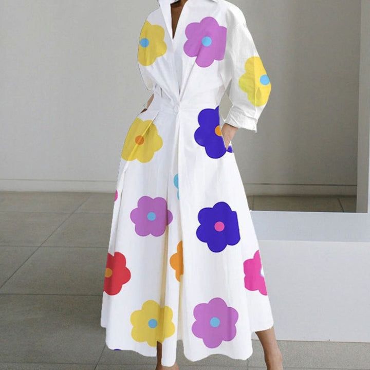 Women's Collared Maxi Shirt Dress Front Wrap Newspaper Print - White Floral