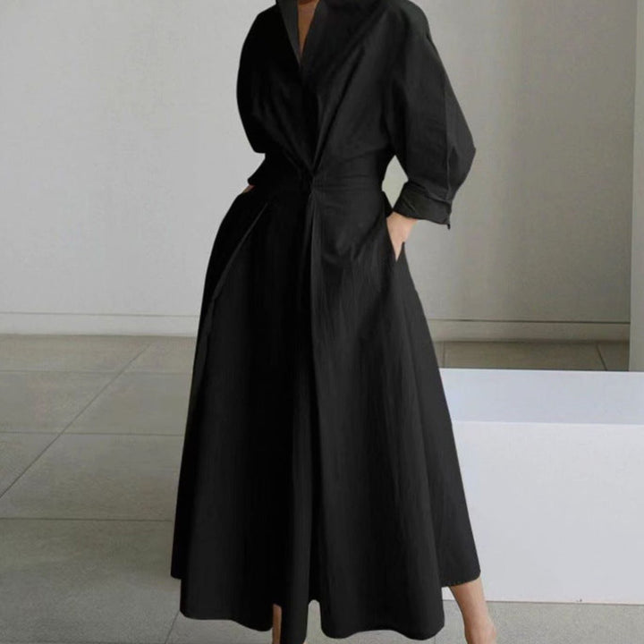 Women's Collared Maxi Shirt Dress Front Wrap Newspaper Print - Black