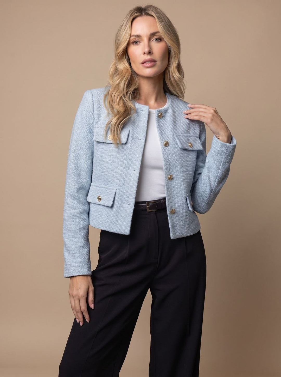 Women's Collarless Cropped Tweed Blazer Gold Button Flap Pockets - Light Blue