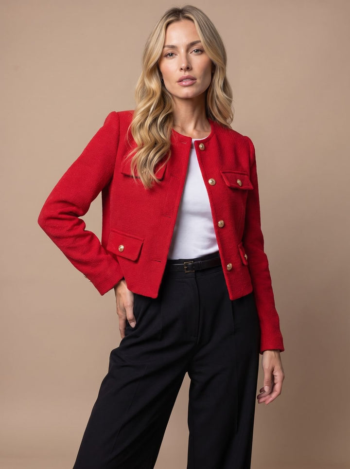 Women's Collarless Cropped Tweed Blazer Gold Button Flap Pockets - Red