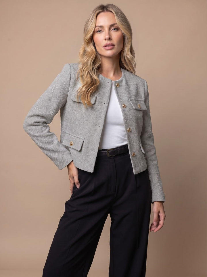 Women's Collarless Cropped Tweed Blazer Gold Button Flap Pockets - Grey