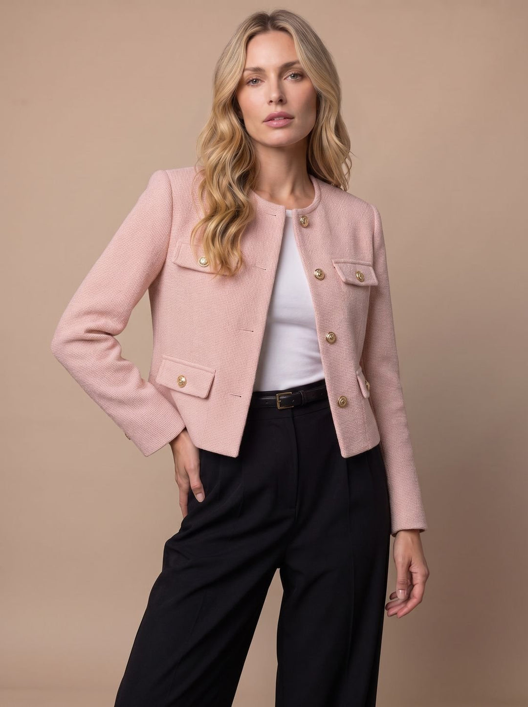 Women's Collarless Cropped Tweed Blazer Gold Button Flap Pockets - Light Pink