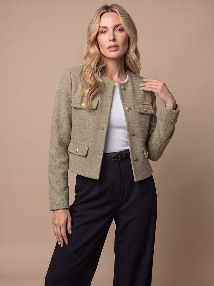 Women's Collarless Cropped Tweed Blazer Gold Button Flap Pockets - Olive