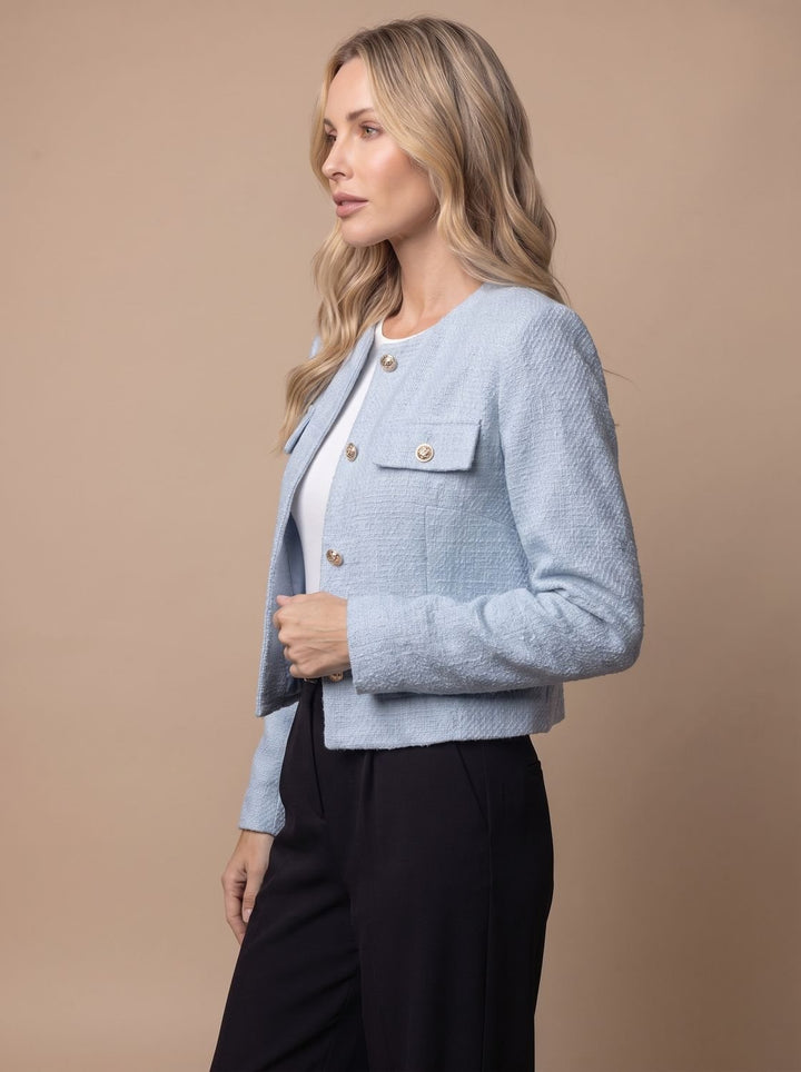 Women's Collarless Cropped Tweed Blazer Gold Button Flap Pockets