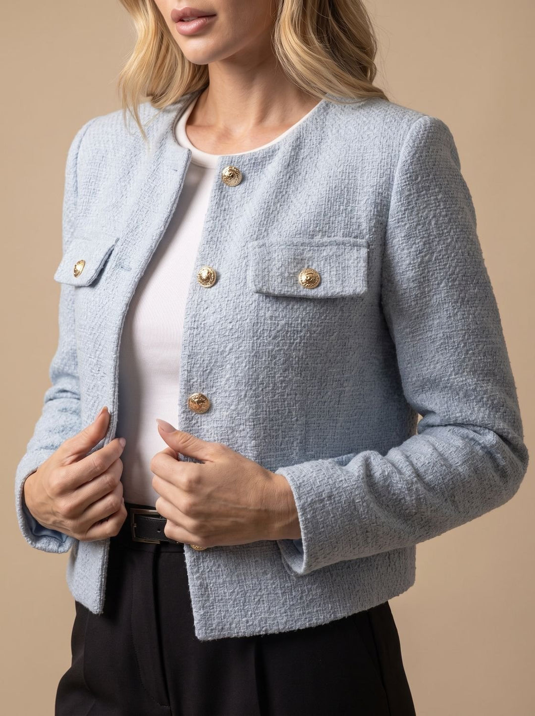 Women's Collarless Cropped Tweed Blazer Gold Button Flap Pockets