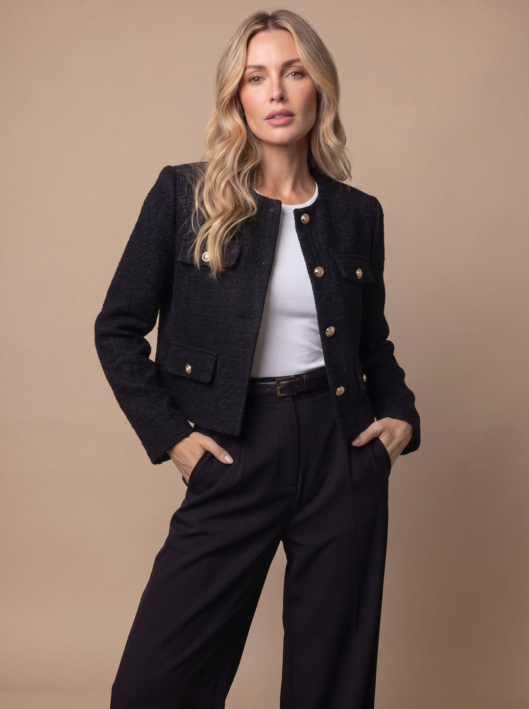 Women's Collarless Cropped Tweed Blazer Gold Button Flap Pockets - Black